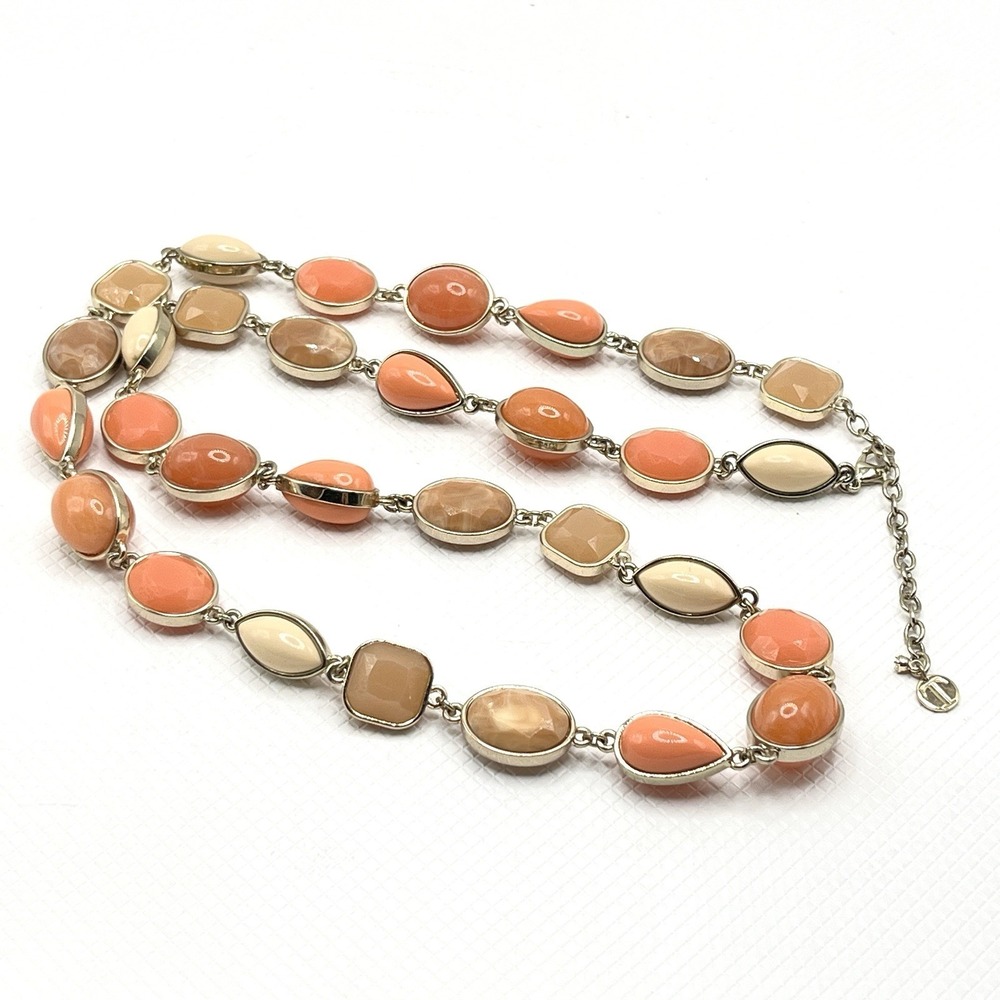 Vintage Talbots Orange Peach Tan Lucite Gold Tone Linked Spring Necklace 34"